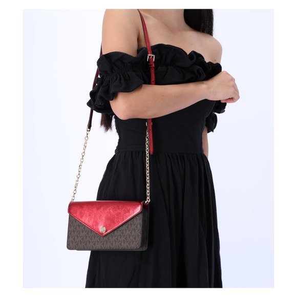 Michael Kors Jet Set Travel Small Signature Clutch Crossbody Brown Crimson Red - Picture 1 of 11